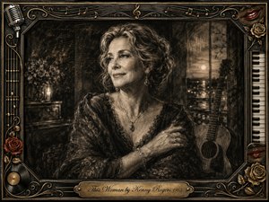 A dignified woman sits in a softly lit, vintage interior, rendered in deep feathered charcoal and warm sepia tones. Her reflective expression and folded hands create a tender, romantic mood. An acoustic guitar, musical notation, roses, piano keys, microphone, and red lips decorate the ornate black-and-gold frame.