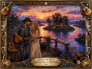 A warmly romantic oil-painted duet unfolds beside a winding river at sunset, where a country singer with guitar and a smiling woman share vintage microphones on a rustic dock. Golden, coral, violet, and blue reflections surround lush islands and a glowing cottage, framed by ornate musical motifs, roses, records, piano keys, and polished gold detailing.
