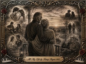 A mature couple embraces on a farmhouse porch, gazing across a winding country road at sunset while softly blended memories of courtship, music, marriage, and old age surround them. Deep sepia charcoal textures create a nostalgic, tender mood, framed by ornate gold-and-chrome musical scrollwork, roses, piano keys, and engraved title plate.