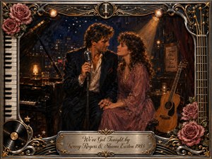 A tender couple shares an intimate midnight duet in a candlelit lounge, surrounded by a grand piano, acoustic guitar, and vintage microphone. Warm amber spotlights contrast with deep blue night tones and soft rose hues. Rich oil-paint textures, romantic expressions, roses, musical ornaments, and an ornate metallic frame create nostalgic elegance.