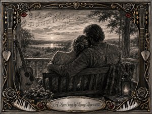 A tender couple sits closely on a wooden porch swing, gazing across a peaceful lake and rolling countryside at sunset. Deep feathered charcoal textures create a nostalgic, intimate mood, accented by warm gold, silver, and subtle red details. An ornate musical frame features roses, guitar motifs, piano keys, and an engraved title plate.
