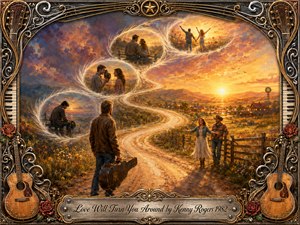 A warmly glowing country landscape follows a winding S-shaped road through golden fields toward a radiant sunset. Feathered memory vignettes trace a journey from loneliness to companionship and joy. Rich amber, rose, blue, and cream tones blend in a painterly style, framed by ornate guitars, roses, piano keys, metalwork, and engraved title plate.