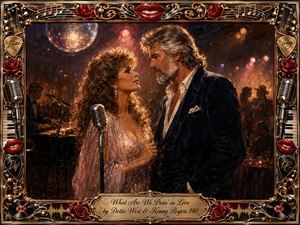 A romantic country duet unfolds in a warmly lit vintage nightclub, where an elegantly dressed woman and silver-haired man gaze tenderly at each other beside a classic microphone. Rich amber, rose, cream, and midnight tones glow through painterly oil textures, while roses, records, piano keys, red lips, and golden musical ornaments frame the intimate scene.