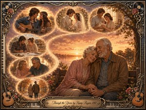 A tender elderly couple sits hand in hand beside a glowing sunset lake, surrounded by softly feathered memories tracing their life together in an S-shaped timeline. Warm gold, rose, amber, and sepia tones create nostalgic radiance, while romantic digital painting, roses, musical motifs, ornate filigree, and an engraved title plate enrich the sentimental composition.