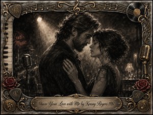 A tender couple stands forehead to forehead in a dim, smoky lounge, their quiet embrace illuminated by a soft spotlight. Deep feathered charcoal textures create a nostalgic, intimate mood, accented by warm gold and muted red. An ornate musical frame features roses, microphones, piano keys, records, strings, and an engraved title plate.