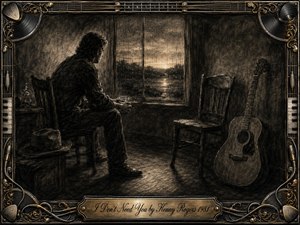 A solitary man sits beside a rain-streaked window at dusk, holding a glass while an empty chair and acoustic guitar emphasize absence and quiet heartbreak. Deep charcoal and sepia textures create a somber, nostalgic mood, softened by faint golden light. An ornate music-inspired frame surrounds the intimate, reflective composition.