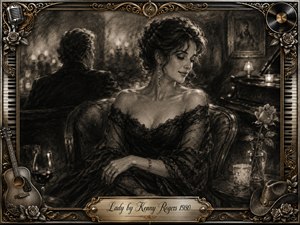An elegant woman sits quietly in a dim vintage lounge, her graceful pose and soft expression conveying romance, devotion, and reflection. Deep charcoal textures, sepia tones, candlelit highlights, and smoky shadows create a timeless mood. An ornate gold-and-chrome musical frame features roses, piano keys, guitar, microphone, vinyl record, and engraved title plate.