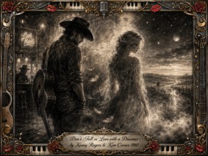 A rugged cowboy and an ethereal woman stand apart in a smoky charcoal dreamscape where a dim music hall dissolves into a moonlit country road. Sepia-black tones, glowing highlights, drifting feathers, stars, and mist create wistful romantic tension. An ornate gold-and-chrome musical frame, red roses, lips, piano keys, and engraved title plate complete the vintage composition.