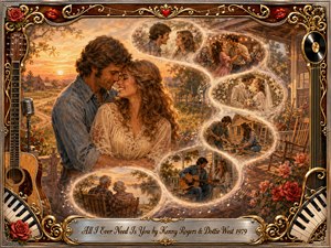 A tender country couple embraces at golden sunset as feathered memory vignettes curve in an S-shape through scenes of courtship, dancing, marriage, homebuilding, music, and old age. Warm gold, rose, cream, and sepia tones glow in a nostalgic painterly style, framed by ornate guitars, piano keys, roses, records, and gold filigree.