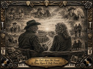 A warmly nostalgic charcoal portrait shows two lifelong friends seated together at sunset, surrounded by softly feathered memories of youth, music, travel, and aging. Sepia-gray tones, glowing horizon light, and a winding country road deepen the reflective mood, while an ornate gold-and-black musical frame adds roses, microphones, records, piano keys, and keepsake photographs.