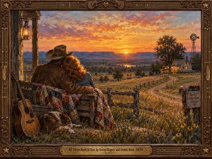 An affectionate couple rests together on a rustic porch, gazing across a peaceful country valley at sunset. A winding road leads toward a glowing farmhouse beneath golden and violet clouds. Wildflowers, a resting dog, and a weathered guitar evoke tender nostalgia. Rich oil brushwork and an ornate wooden frame complete the romantic scene.