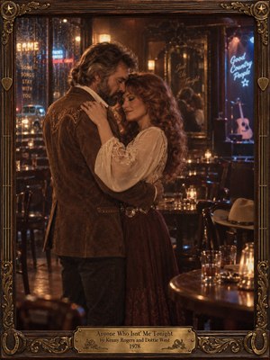 In a warmly lit 1970s country bar, a bearded man and auburn-haired woman embrace in a tender slow dance. Amber lamps, rain-streaked windows, glowing blue neon, and empty tables surround them. The cinematic, softly grained portrait evokes romantic intimacy, enclosed by ornate carved wood, brass flourishes, and an engraved title plate.