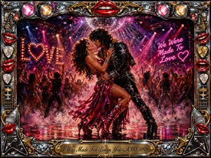 A glamorous couple dances closely beneath a mirrored disco ball in a smoky, crowded nightclub, surrounded by vivid pink, red, gold, and violet lights. Romantic energy blends with theatrical rock spectacle. Rich painted textures, glossy reflections, neon accents, guitars, jeweled details, bright red lips, and ornate chrome-gold framing heighten the decadent atmosphere.