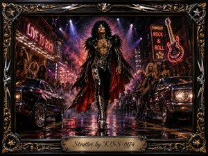 A swaggering glam-rock figure strides down a neon-lit city street, framed by classic cars, admiring crowds, smoky spotlights, and glowing rock-and-roll signs. Deep blacks, crimson, purple, gold, and chrome create a theatrical 1970s atmosphere. An ornate metallic frame with stars and filigree surrounds the dramatic painting, finished by an engraved title plate.
