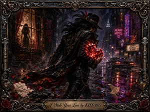 A mysterious black-clad figure strides through a rain-soaked neon city, clutching a glowing crimson crystal heart. Deep reds, purples, blues, and metallic gold create a seductive, dangerous mood. Dramatic reflections, rose petals, torn letters, distant lights, and ornate guitar-inspired framing give the richly detailed oil-painted scene theatrical rock-and-roll intensity.