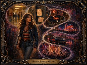 A richly detailed oil painting portrays a thoughtful teenage girl amid a dreamlike 1977 rock landscape. Feathered S-curve vignettes reveal school halls, handwritten notes, vinyl records, neon concerts, a classic car, and stage lights. Deep purples, crimson, amber, and gold create nostalgic drama, enclosed by an ornate guitar-themed frame.