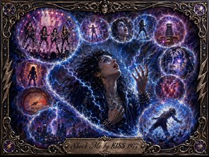 A dramatic oil-painted rock fantasy centers on a figure electrified by blue-white lightning, surrounded by glowing vignette bubbles flowing in an S-curve. Deep blues, purples, magentas, and silver highlights create a charged nocturnal mood. An ornate metallic frame, voltage imagery, concert scenes, and engraved Shock Me by KISS 1977 plate complete the composition.