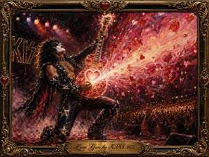 A dramatic oil-painted rock guitarist dominates a fiery concert stage, raising a glowing heart-themed guitar as radiant pink, crimson, gold, and white energy bursts across the composition. Swirling hearts, petals, sparks, smoke, and cheering fans create a passionate, theatrical mood, framed by ornate gilded scrollwork and an engraved title plate.