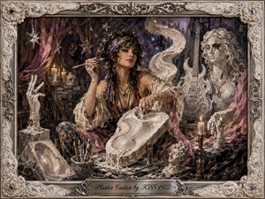 A glamorous sculptor works amid a candlelit 1970s studio filled with plaster molds, sculpted hands, busts, tools, draped fabrics, and guitar-inspired forms. Ivory, dusty rose, smoky purple, gold, and silver tones create a theatrical glam-rock mood, framed by ornate plaster scrollwork and a centered engraved title plate.