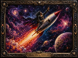 A flamboyant rock traveler rides a silver rocket through a dazzling cosmic landscape, pointing triumphantly toward the stars. Fiery orange exhaust cuts across swirling violet, blue, and magenta nebulae, planets, and galaxies. Rich oil-paint textures, dramatic lighting, and an ornate celestial frame create an energetic, theatrical 1970s fantasy mood.