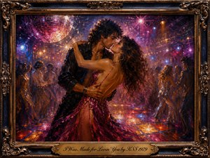 An impassioned couple sways in a dramatic dip at the center of a glittering disco, surrounded by softly blurred dancers, a glowing mirrored dance floor, and a radiant disco ball. Rich magentas, violets, golds, and blues shimmer through expressive oil-like brushstrokes, while an ornate gilded frame and engraved title plate heighten the romantic, vintage glamour.
