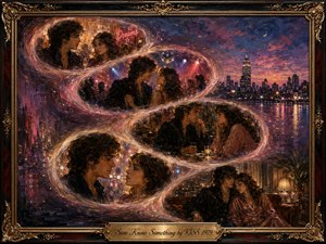A richly textured oil painting follows a romantic couple through glowing, feathered scenes arranged in an elegant S-curve against a twilight city skyline. Warm amber, rose, violet, and deep blue tones shimmer beneath neon and lamplight, while ornate gold framing and the engraved title plate add a luxurious vintage finish.