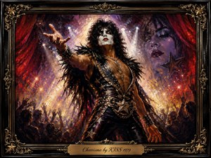 A commanding glam-rock figure reaches toward the crowd beneath blazing stage lights, radiating confidence and magnetic allure. Rich crimson, violet, gold, and black tones create a dramatic concert atmosphere, while expressive oil-paint textures add energy and depth. An ornate black-and-gold frame and engraved title plate complete the theatrical composition.