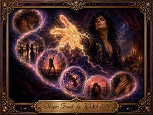 A glamorous dark-haired figure extends a radiant golden hand across a dreamlike nightscape, where glowing bubbles curve in an S-shape through scenes of romance, city streets, performance, and intimacy. Deep purples, crimson, blue, and amber light create a seductive mood, framed by ornate Baroque goldwork and an engraved title plate.