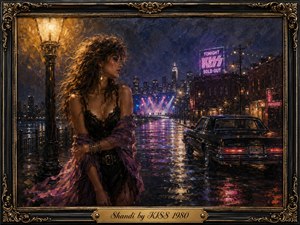 A glamorous woman stands beneath a glowing streetlamp on a rain-slicked city street, wrapped in a flowing purple shawl. Neon signs, a vintage car, distant concert lights, and shimmering reflections create a wistful 1980s atmosphere. Rich oil-paint textures blend amber, violet, blue, and pink within an ornate black-and-gold frame.