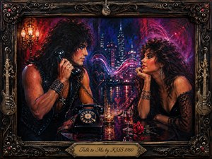 A glamorous rock musician and an elegant woman face each other across a reflective table, linked by a vintage telephone and swirling neon waves. Deep blues, magentas, reds, and warm amber light create an intimate 1980s mood. Textured acrylic-style brushwork, city lights, roses, glassware, and an ornate guitar-themed frame enrich the romantic composition.