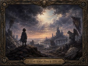 A solitary child overlooks a devastated fantasy landscape of shattered statues, crumbling towers, torn banners, and a grieving stone angel. Stormy blue-gray clouds part above a warm golden horizon, creating a faint sense of hope. Rich oil-painted textures, muted earth tones, dramatic lighting, and an ornate bronze frame heighten the melancholic atmosphere.