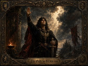 A solemn warrior raises one hand in oath while gripping an ornate sword beneath storm-darkened skies. Golden light breaks dramatically through the clouds, illuminating crimson, black, bronze, and gold details. Medieval banners, fire, distant castles, and rugged cliffs heighten the epic mood. An elaborate antique metal frame and engraved title plate complete the richly textured oil-painting style.