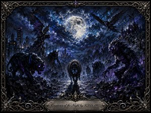 A moonlit pack of fierce nocturnal creatures advances through a ruined gothic landscape beneath swirling storm clouds and a glowing full moon. Deep blues, blacks, purples, and silver highlights create an ominous, powerful mood. Painterly textures, dramatic lighting, distant city towers, winged beasts, and an ornate metallic frame intensify the dark fantasy atmosphere.