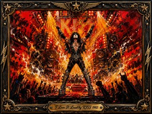 A commanding rock performer stands center stage with arms raised amid towering speakers, blazing spotlights, and a roaring crowd. Fiery reds, oranges, golds, and deep blacks create an explosive, rebellious mood. Thick acrylic-like brushwork, dramatic lighting, sparks, and sound-wave energy fill the ornate metallic frame and engraved title plate.