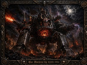 A colossal armored war machine towers over a burning battlefield beneath storm-darkened skies and crackling lightning. Glowing red eyes, a fiery furnace core, massive cannons, and intricate riveted steel create a menacing presence. Fiery orange embers contrast with gunmetal blacks, framed by ornate gothic metalwork and an engraved title plate.