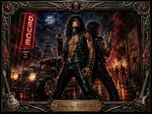 Two leather-clad rock figures pose defiantly on a rain-slicked city street beside a blazing hot rod, framed by neon, smoke, and fiery reflections. Deep blacks, crimson reds, metallic silver, and amber light create a rebellious 1970s atmosphere. Ornate guitars, lightning motifs, and the engraved Deuce by KISS 1974 plate complete the dramatic painted composition.