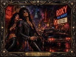 A swaggering rock couple dominates a rain-slicked city street glowing with red and blue neon, beside a black muscle car and crowded club entrances. The mood is sultry, rebellious, and nocturnal, rendered in a gritty, painterly style with dramatic reflections, smoky shadows, and an ornate skull-and-filigree frame crowned by an engraved title plate.