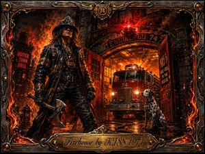 A fierce rock-and-roll firefighter stands before a blazing urban firehouse, gripping an axe as a vintage engine and alert Dalmatian glow behind him. Fiery oranges, reds, brass, and deep blacks dominate the dramatic lighting. Ornate metalwork, sparks, smoke, wet pavement, and the engraved title plate create a theatrical painted-poster atmosphere.