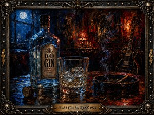 A moody oil-painted still life captures a shadowy rock-bar atmosphere, with a chilled gin bottle, ice-filled glass, smoking ashtray, and dark electric guitar. Cool moonlit blues contrast with fiery amber and crimson highlights, creating dramatic tension. Thick impasto brushwork, reflective surfaces, curling smoke, and an ornate skull-studded frame complete the rebellious scene.