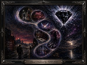 A dramatic oil-painted dreamscape follows a glowing S-curve through rain-darkened city streets, nightlife, concert scenes, and jewel-like memories toward a radiant black diamond. Deep blues, violets, burgundy, silver, and amber highlights create a mysterious nocturnal mood, framed by ornate black metalwork and an engraved title plate.