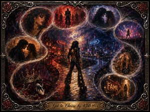 A lone glam-rock figure stands at a rain-slicked crossroads between desire and destiny, surrounded by feathered, dreamlike scenes of romance, performance, fame, and temptation. Deep crimson, violet, electric blue, and gold glow beneath dramatic lighting. Rich oil-paint textures, swirling reflections, ornate metalwork, roses, and an engraved title plate complete the theatrical composition.