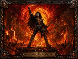 A commanding rock guitarist stands amid a volcanic inferno, framed by blazing lava, gothic towers, and a shadowy crowd. Fiery reds, oranges, golds, and deep blacks create intense dramatic lighting and rebellious energy. Rich oil-paint textures, ornate wrought-iron framing, chains, sparks, and an engraved title plate complete the theatrical composition.