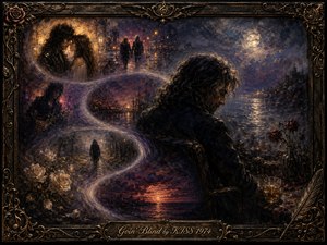 A brooding man sits beside moonlit water as an S-shaped ribbon of memories winds through scenes of love, music, solitude, roses, and fading sunsets. Deep indigo, violet, crimson, and antique gold tones glow beneath soft cinematic light. Expressive oil brushwork, misty transitions, an ornate frame, and engraved title plate heighten the melancholy atmosphere.