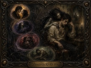 A dark Gothic oil painting shows a weary man haunted by a shadowy female presence in a decaying candlelit room. Feathered memory bubbles curve in an S-shaped sequence from attraction to entrapment and exhaustion. Deep blacks, bruised purples, reds, tarnished gold, and sickly greens intensify the ominous mood, framed by ornate wrought metal.