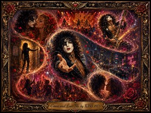 A richly detailed oil-painting fantasy captures 1970s rock romance through a sweeping S-curve of glowing vignettes. A charismatic singer reaches toward the viewer amid roses, guitars, concert lights, nightlife, and intimate couples. Crimson, gold, magenta, and midnight tones glow dramatically within an ornate metallic frame and engraved title plate.