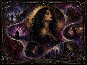 A mysterious dark-haired woman dominates a richly textured oil-painted montage, surrounded by feathered S-curve vignettes of city lights, roses, dancers, lovers, and shattered reflections. Deep purples, crimson, black, and muted gold create a seductive, brooding mood, enhanced by dramatic lighting, smoky transitions, and an ornate Gothic frame.