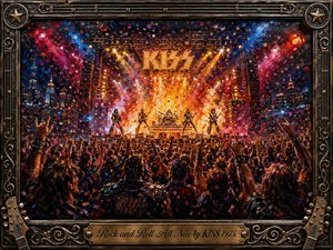 A vivid oil-painted rock concert erupts beneath blazing gold, crimson, magenta, and electric-blue lights, with KISS performing before a dense crowd of raised hands. Confetti, smoke, and glowing spotlights amplify the jubilant nighttime energy. An ornate metallic guitar-inspired frame surrounds the scene, finished with an engraved bronze title plate.