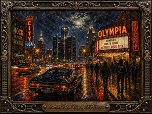 A dramatic oil-painted Detroit night pulses with rock-and-roll energy as a classic car speeds along rain-slicked streets toward a glowing concert marquee. Neon reds, oranges, blues, and golds reflect across the pavement beneath a stormy moonlit sky. Crowds, skyscrapers, motion-blurred traffic, an ornate metal frame, and engraved title plate complete the cinematic scene.