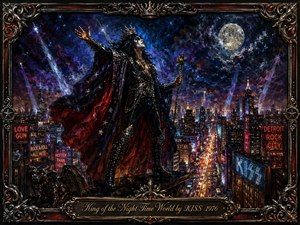 A crowned rock monarch stands triumphantly above a glowing nighttime metropolis, gripping a jeweled scepter beneath a luminous full moon. Deep blues, purples, crimson, gold, and silver create a dramatic, theatrical mood. Painterly oil textures, sweeping searchlights, a flowing cape, gothic gargoyle, and ornate metallic frame heighten the regal fantasy atmosphere.