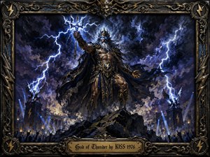 A commanding thunder deity stands atop jagged rocks beneath a violent electric storm, raising a lightning-charged weapon over a cheering shadowed crowd. Deep blues, blacks, violets, and burnished gold create a fierce, theatrical mood. Dramatic oil-painted textures, glowing lightning, monumental architecture, and an ornate metallic frame complete the powerful composition.